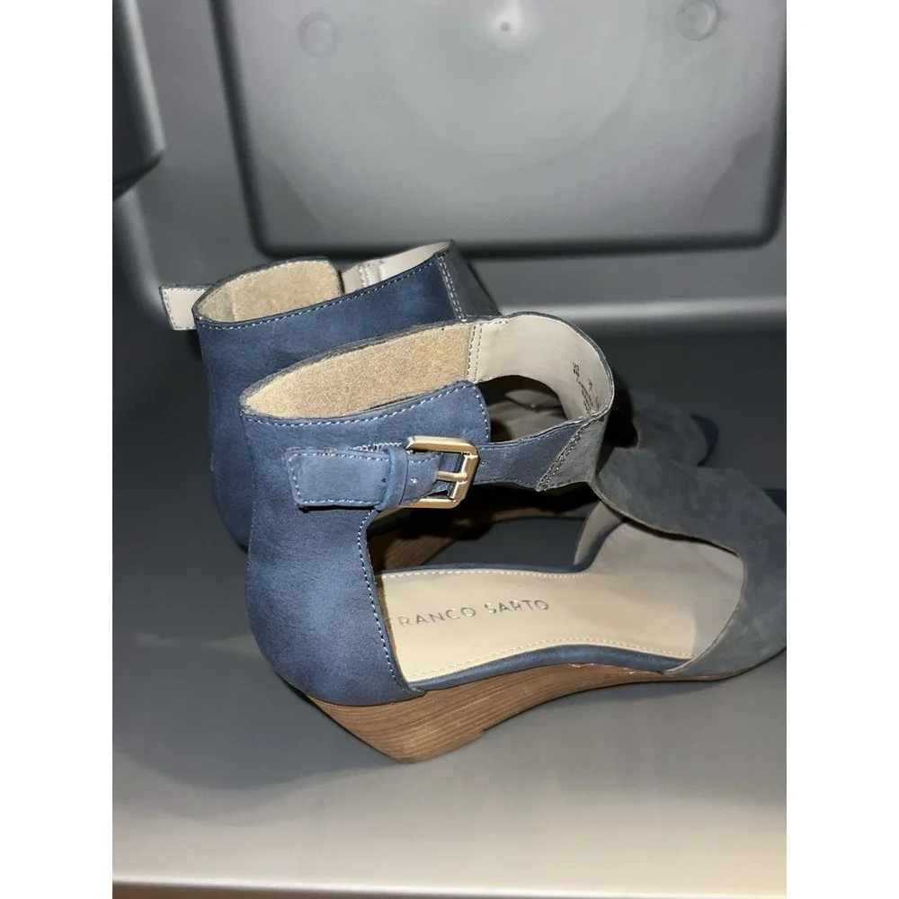 Franco Sarto Glamour Blue/Gray Suede Cork Platform‎ Wedge Sandals SZ 9M